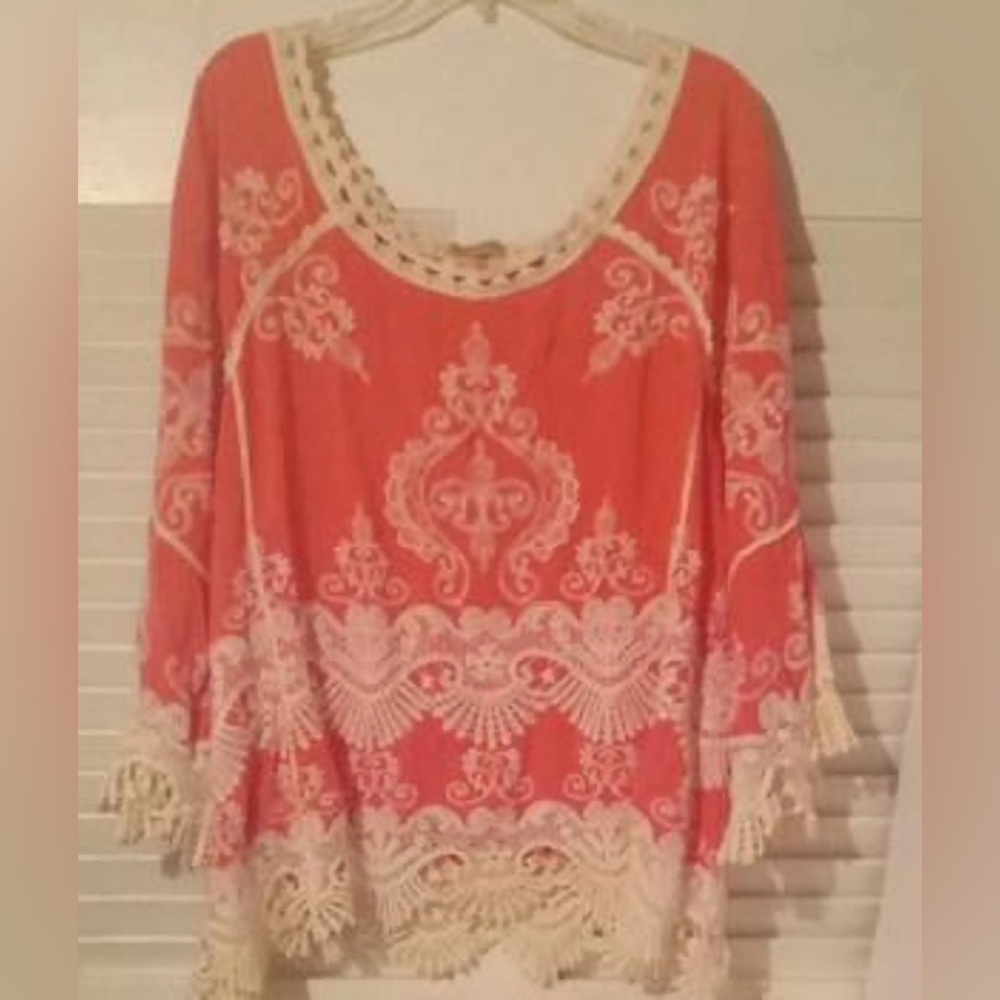 Democracy Coral and Cream Lace Blouse